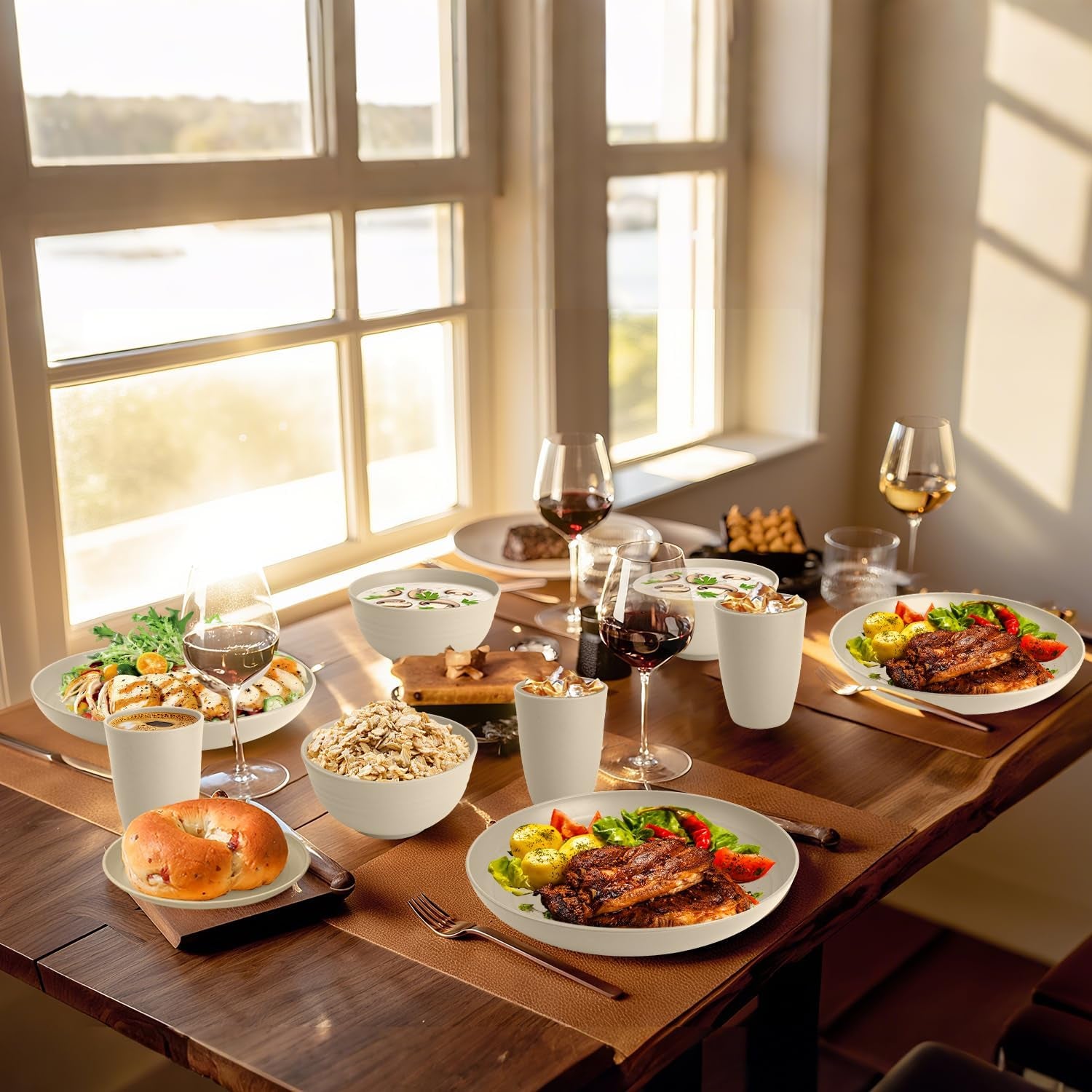 32-Piece Eco-Friendly Wheat Straw Dinnerware Set for 8 - Reusable Plates and Bowls, Suitable for Camping and Picnics, Microwave and Dishwasher Safe - Beige