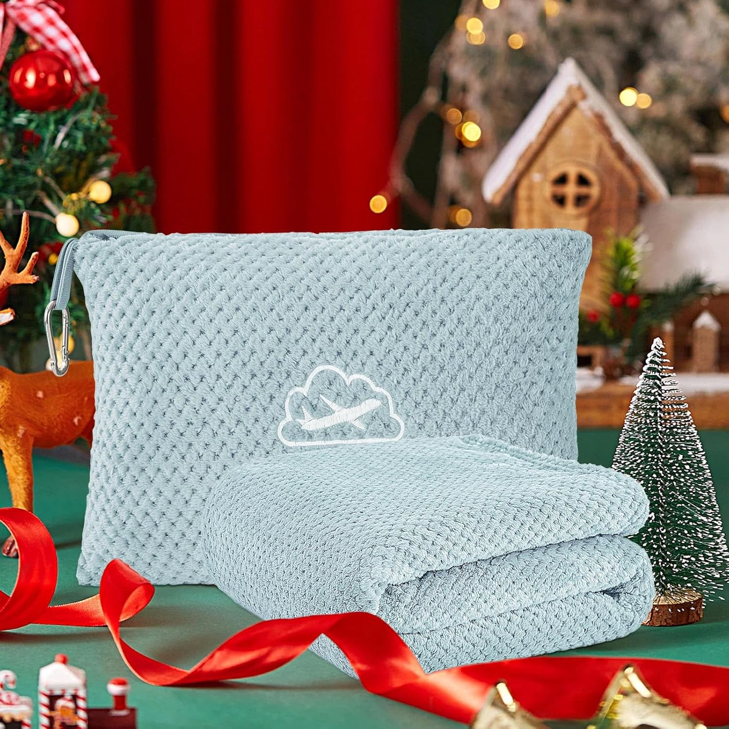 Travel Blanket with Bag, Ultra-Soft Jacquard Fleece Blanket with Luggage Sleeve & Backpack Clip, Airplane Blanket Travel Essentials, Blue