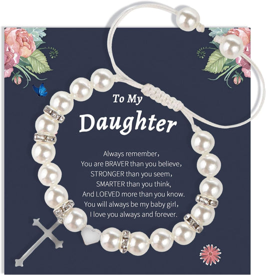 Pink Pearl and Rhinestone Bracelet Cross Charm Bracelet Teen Girls Jewelry Handmade Adjustable Charm Bracelet Gifts for Daughter Grandddaughter