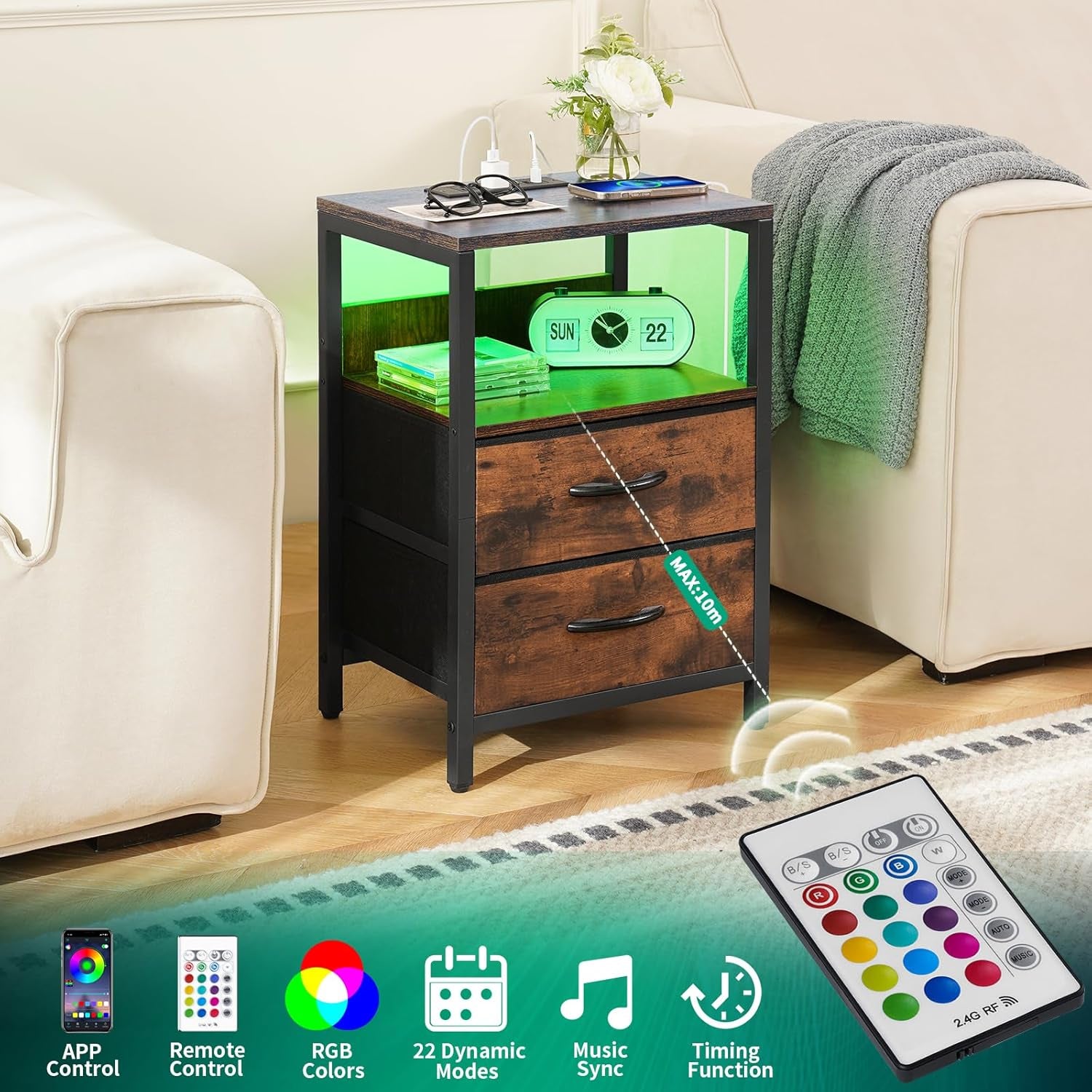 Nightstand with Charging Station, LED Night Stand with Fabric Drawers and Storage Shelf for Bedroom, Nightstands Bedside Tables with USB Ports & Outlets, Small Night Stands, Bed Side Table