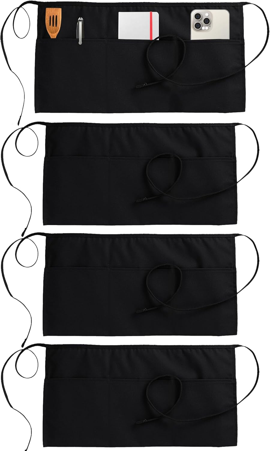4 Pack Server Apron with 3 Pockets, Waist Apron for Waiter Waitress, 12 Inches