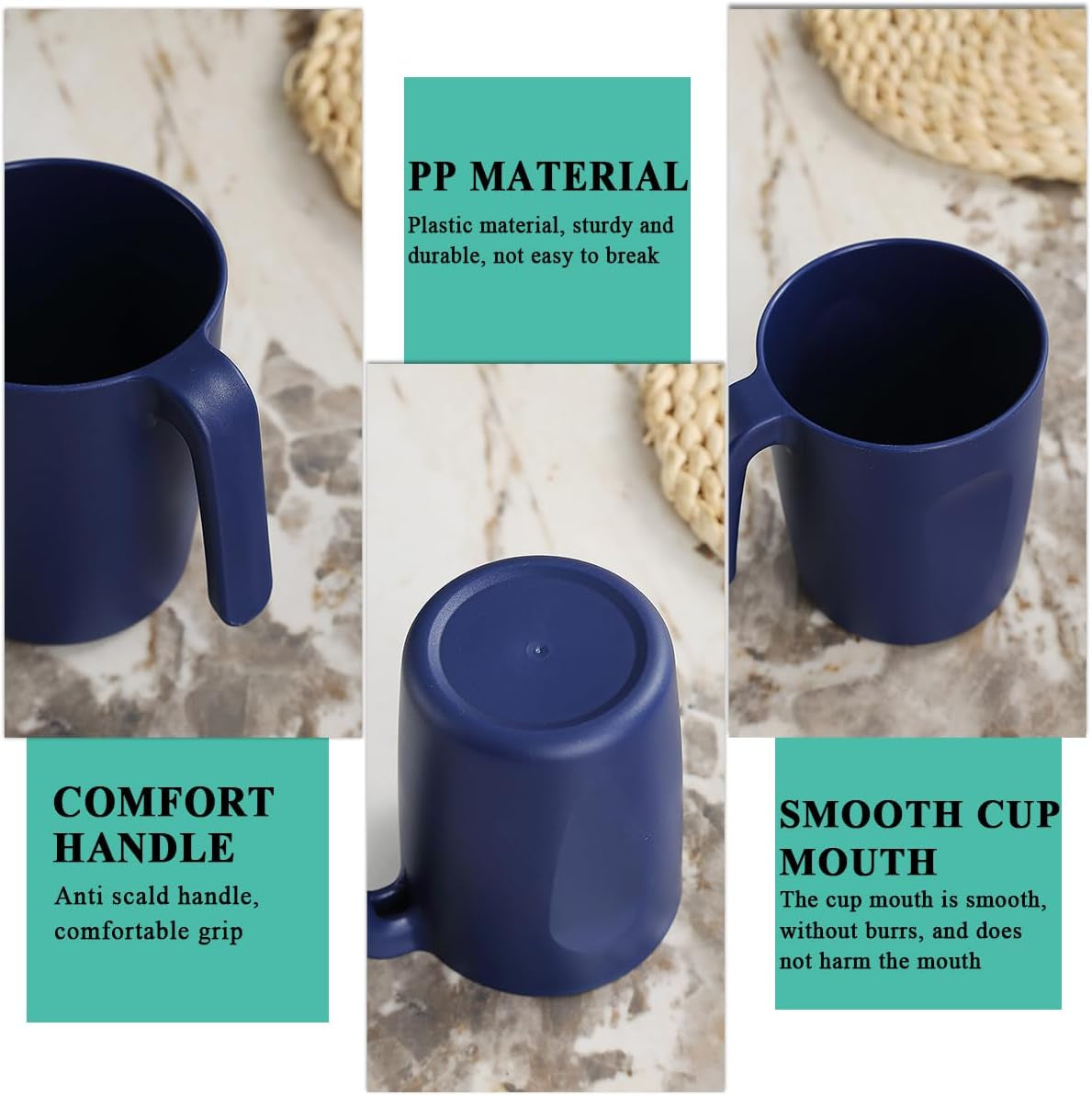 Set of 8 Blue Plastic Coffee Mugs with Handles, 15 Oz Reusable Cups for Home, Garden, Picnic, Camping, and Outdoor Use