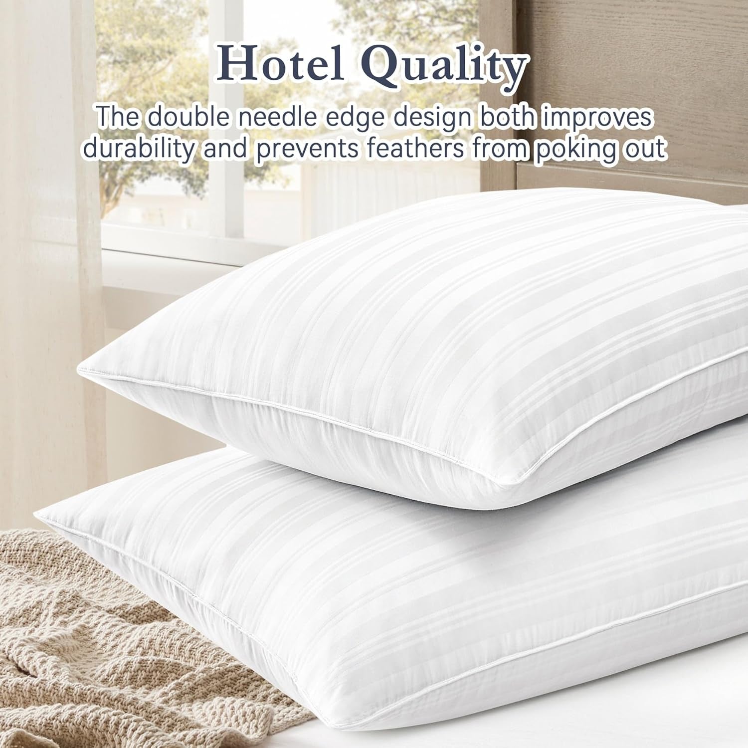 ® Goose Feather down Pillows, Luxury Hotel Collection Bed Pillows for Sleeping Set of 2, 100% Cotton Cover with Silver Stripe, Standard Size