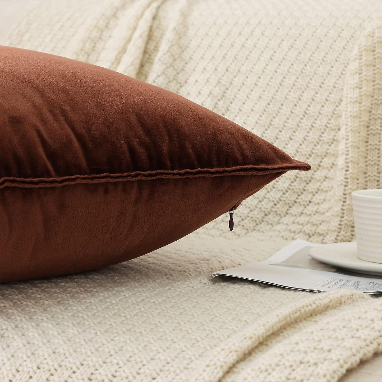 Velvet Brown Throw Pillow Covers Pack of 2 Spring Decorative Soft for Couch Sofa Bed Livingroom Office 18×18 Inches