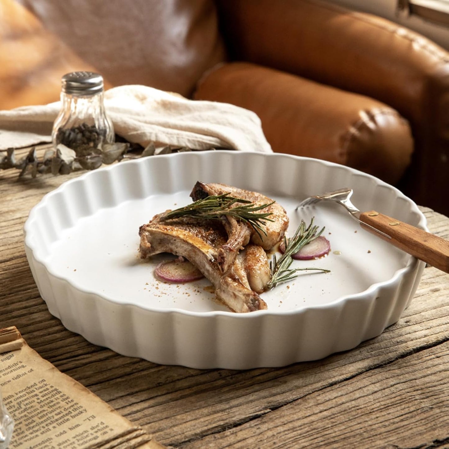 White round Porcelain Quiche Pan -Non-Stick- Perfect for Baking Tart Pies and Chicken Pot Pie-Dishwasher,Dish Microwave and Oven Safe (9Inch)