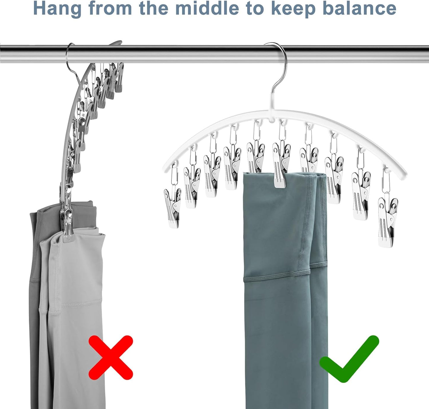 Legging Organizer for Closet, Metal Yoga Pants Hanger W/Rubber Coated 2 Pack W/10 Clips Hold 20 Leggings, Hangers Space Saving Hanging Closet Organizer for Closet Organizers and Storage-White