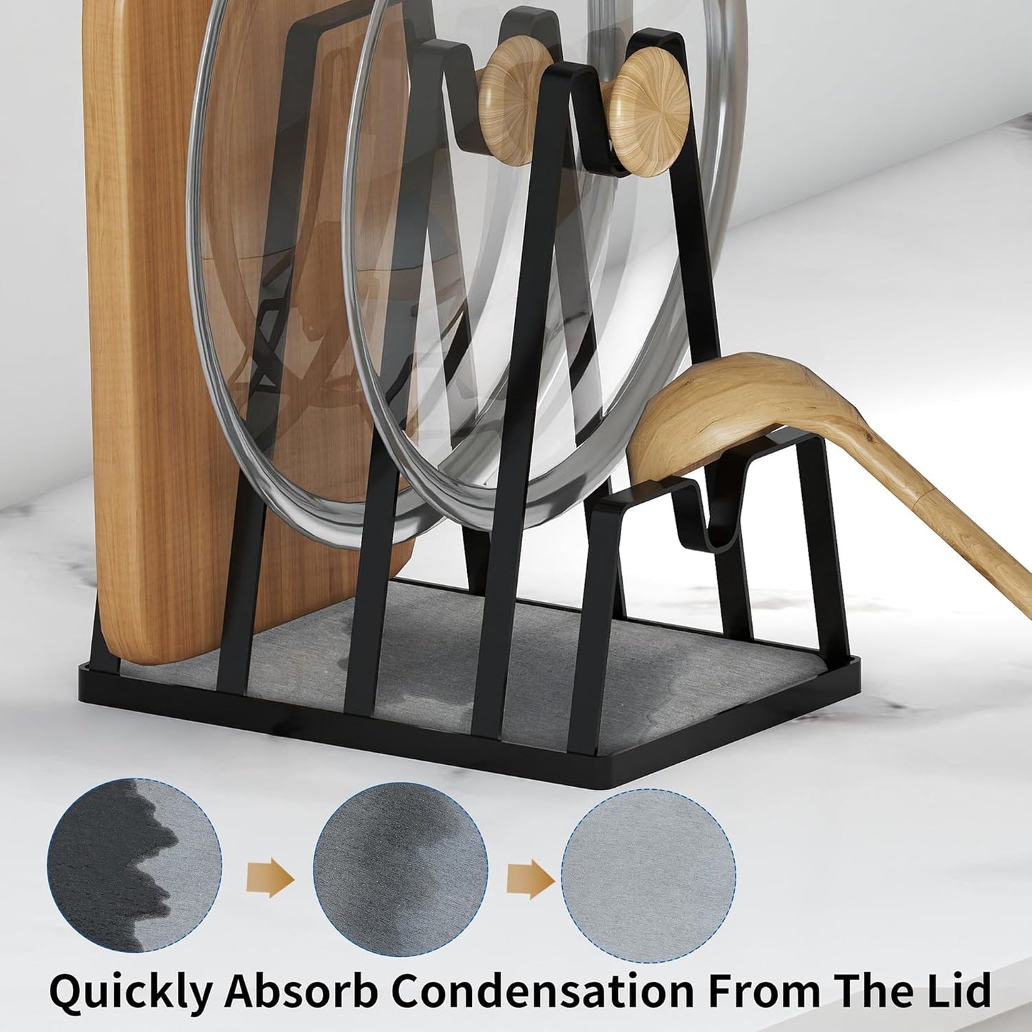Multifunctional Kitchen Counter Organizer with Fast-Drying Stone and Stainless Steel Pot Lid Holder, Black