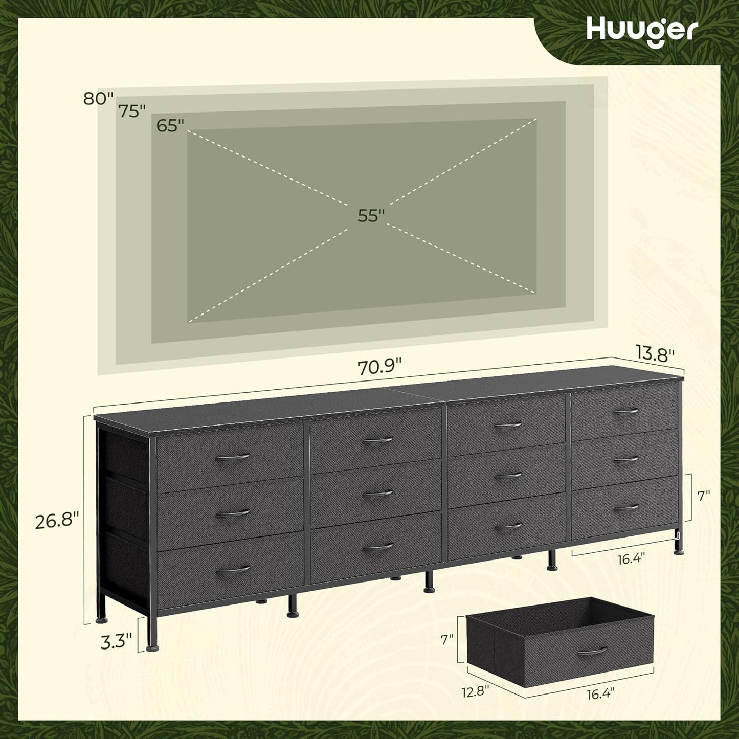 70-Inch Black Dresser and TV Stand for 65-80 Inch TVs with 12 Fabric Drawers - Wide Storage Chest for Bedroom and Living Room