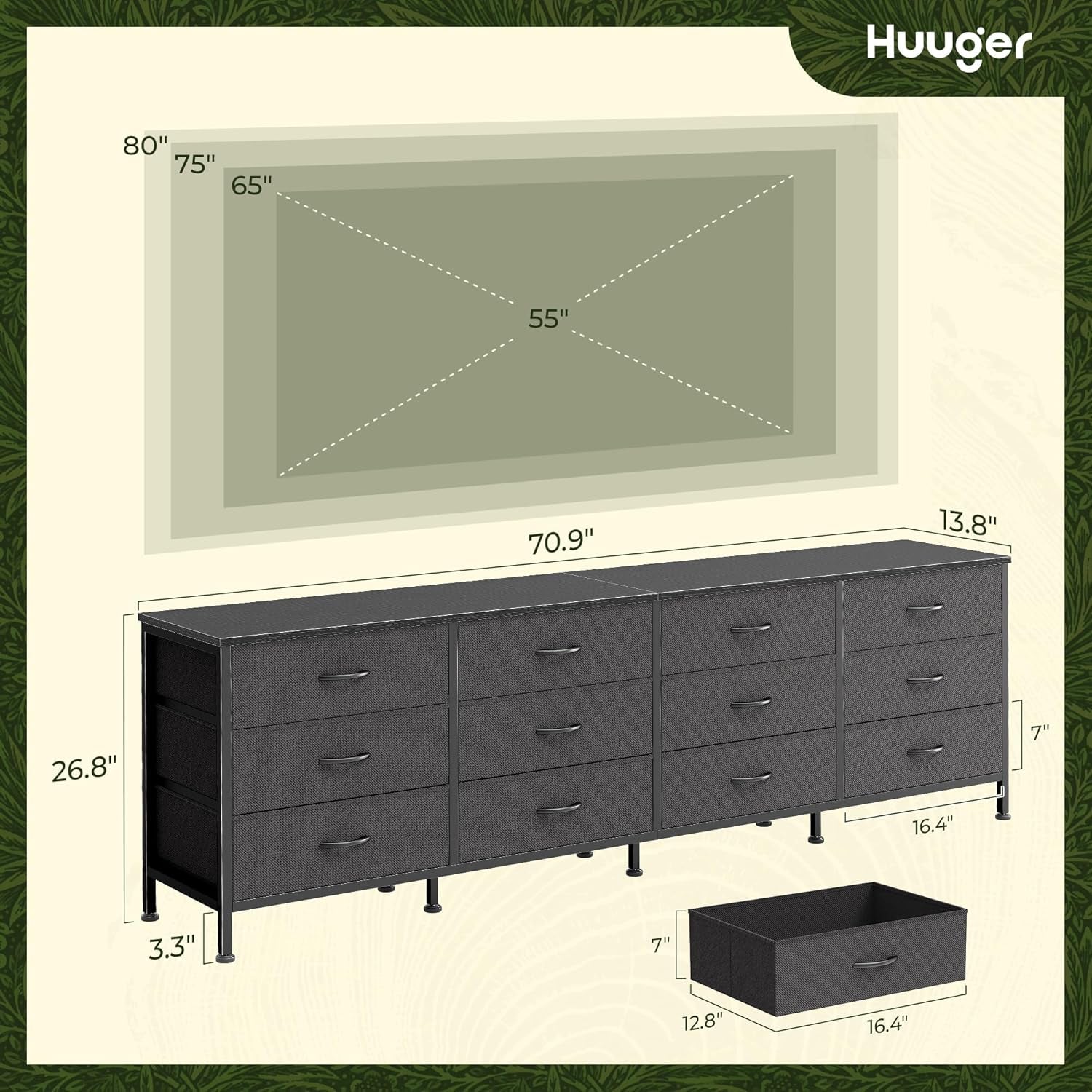 70-Inch Black Dresser and TV Stand for 65-80 Inch TVs with 12 Fabric Drawers - Wide Storage Chest for Bedroom and Living Room