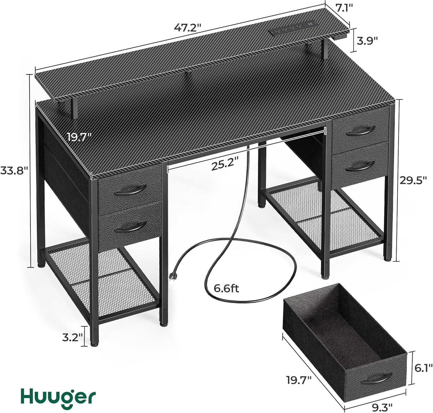 47-Inch Carbon Fibre Black Computer Desk with 4 Drawers, LED Lighting, and Power Outlets - Ideal for Home Office and Gaming with Ample Storage Space