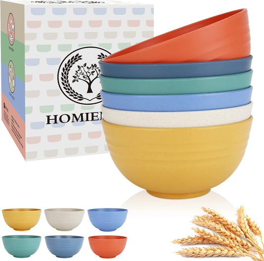 Wheat Straw Cereal Bowl Set - 6 Unbreakable, Microwave and Dishwasher Safe Bowls, Eco-Friendly Alternative to Plastic, Ideal for Kitchen, Picnic, Camping, and Parties (26 OZ, Assorted Colors)