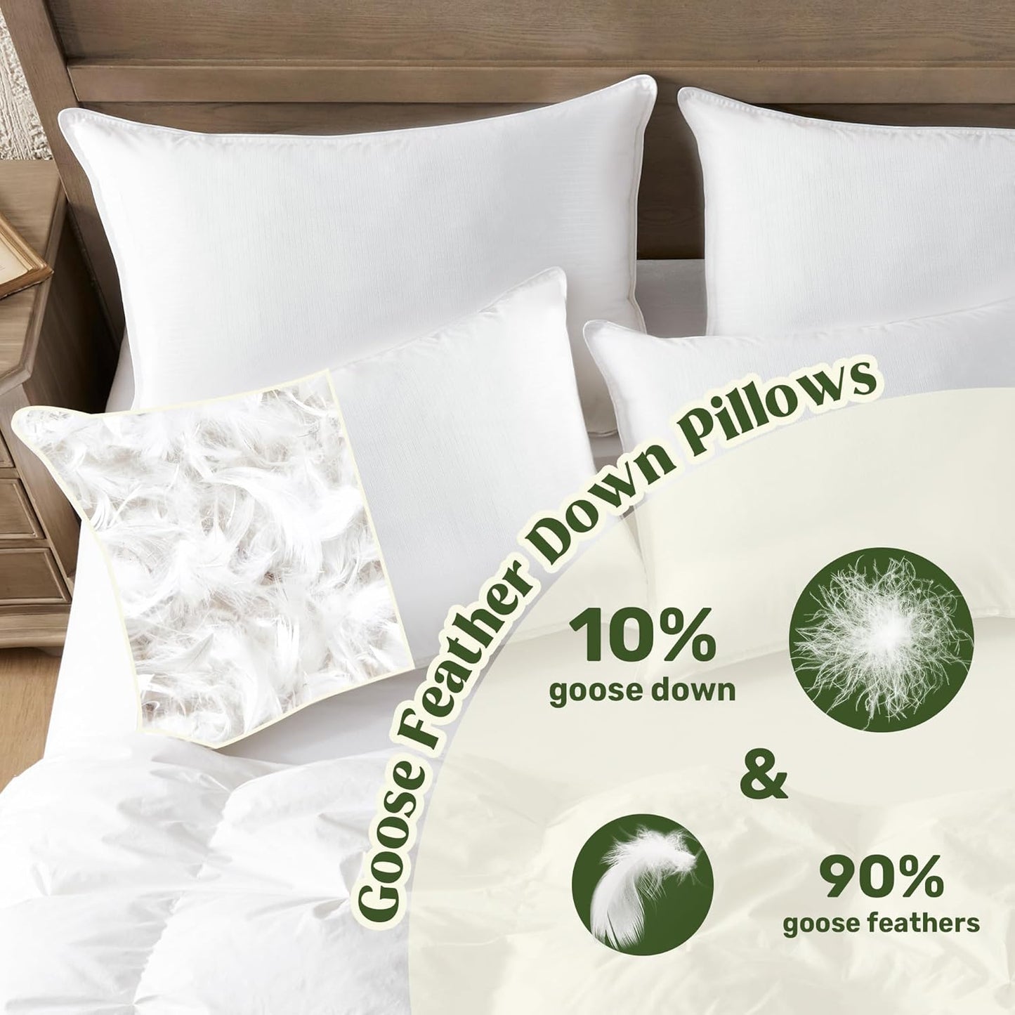 ® Goose Feather down Pillows, Bed Pillows for Sleeping with 2 Outer Protectors, Hotel Standard/Queen Pillows Set of 2 (Pack of 2)