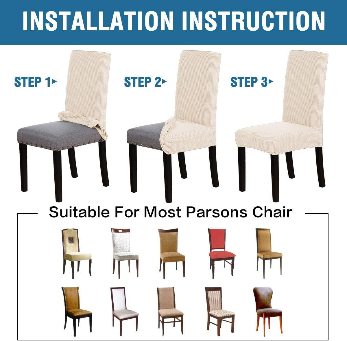 Stretch Dining Chair Covers Set of 2 Chair Covers for Dining Room Parsons Chair Slipcover Chair Protectors Covers Dining, Feature Textured Checked Jacquard Fabric, Natural