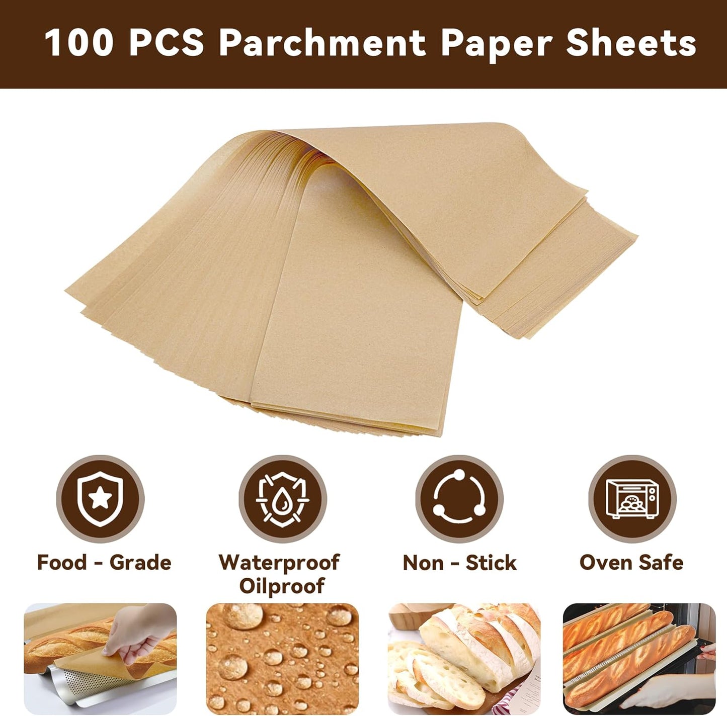 Unbleached Precut Parchment Paper for Baguette Bread Pan - 100-Pack Disposable Baking Sheets for Sourdough French Bread Pans, Non-Stick Baking Accessories