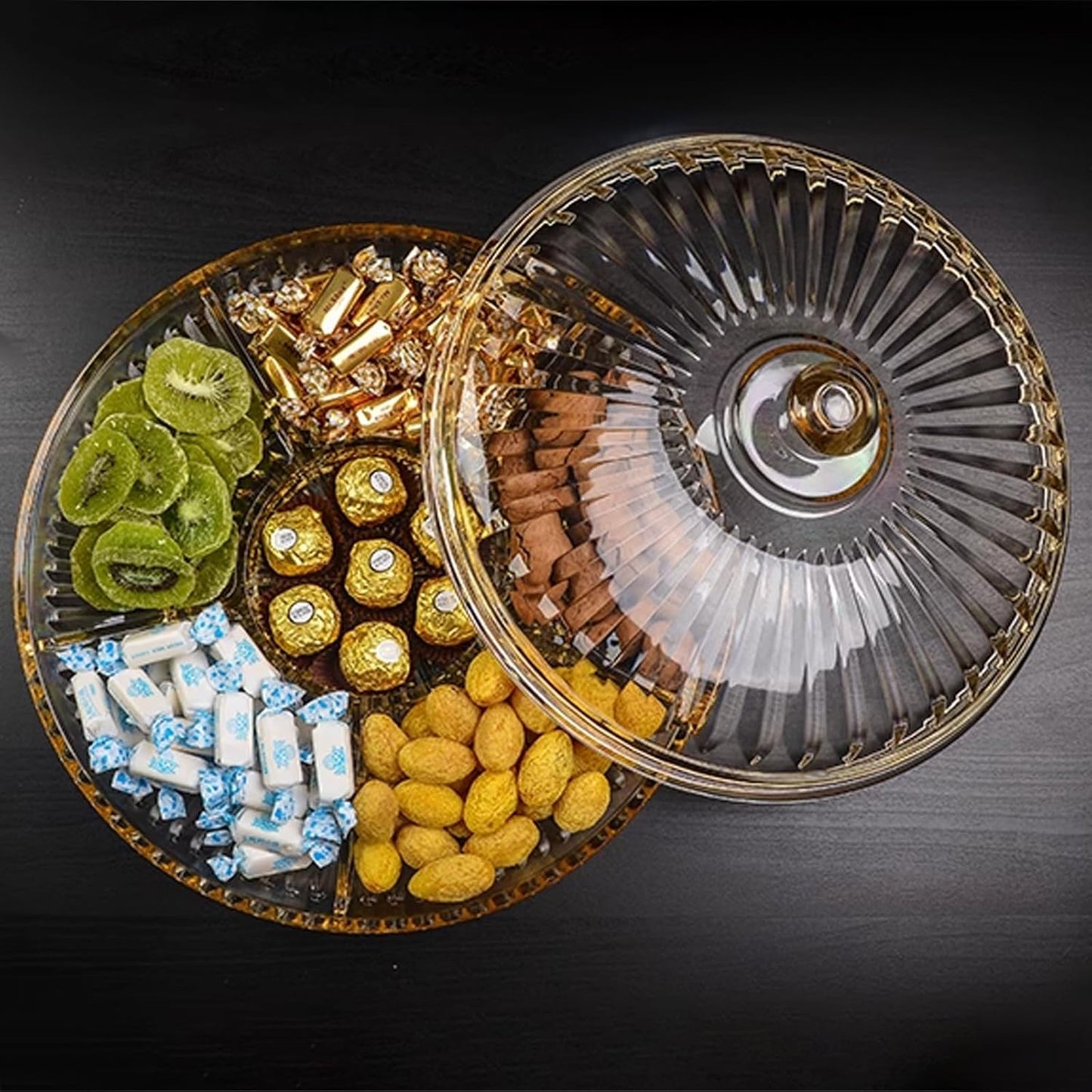 Creative Acrylic Multifunctional Party Snack Tray with Lid,Serving Dishes for Dried Fruits Nuts Candies Fruits,6-Compartment (Amber)