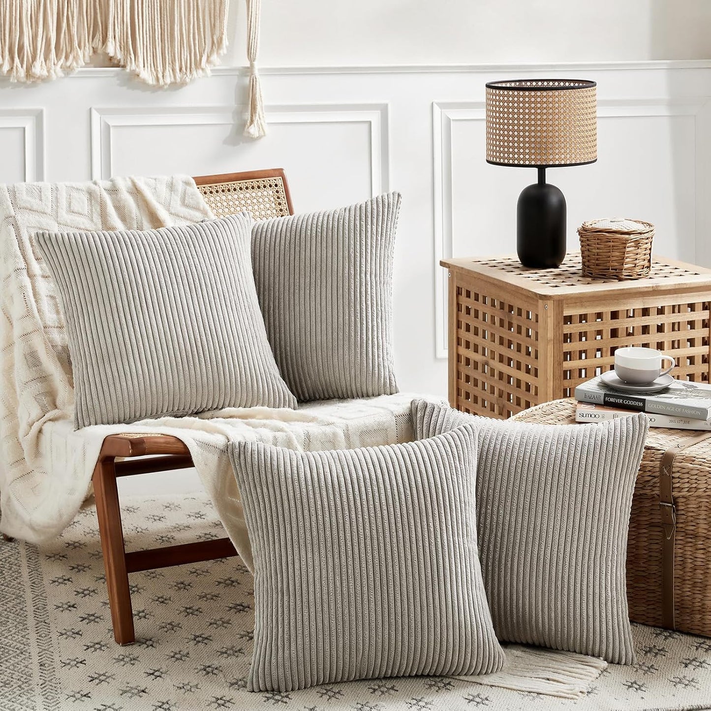 Set of 4 Neutral Grey Decorative Throw Pillow Covers 18X18 Inch for Couch Bed Sofa Bedroom, Modern Organic Boho Farmhouse Home Decor, Soft Fluffy Textured Corduroy Cushion Case 45X45 Cm