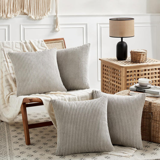 Set of 4 Neutral Grey Decorative Throw Pillow Covers 18X18 Inch for Couch Bed Sofa Bedroom, Modern Organic Boho Farmhouse Home Decor, Soft Fluffy Textured Corduroy Cushion Case 45X45 Cm