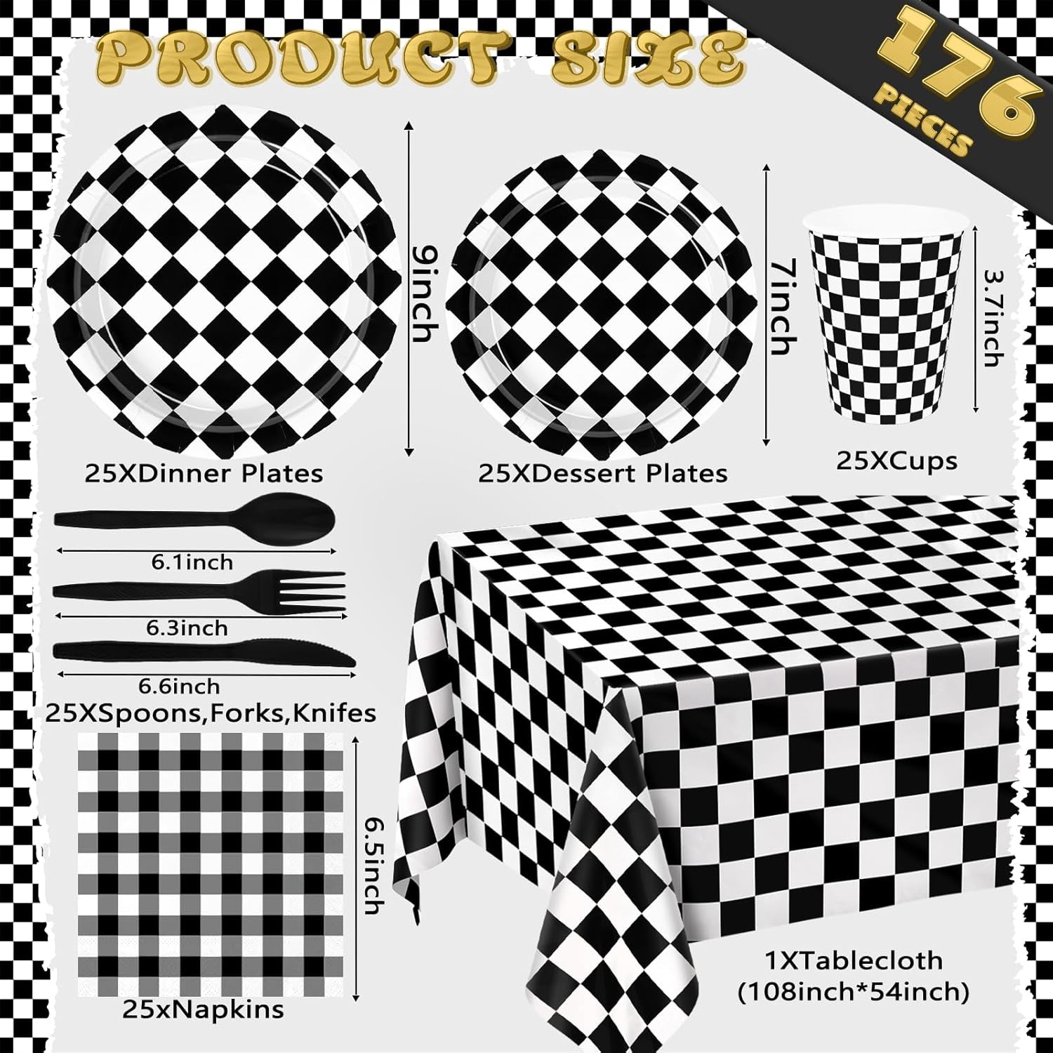 176 PCS Race Car Birthday Party Decorations Black and White Gingham Plates and Napkins, Cups Plastic Spoons Forks Knives, Cutlery for Cars Birthday Decorations, Serves 25