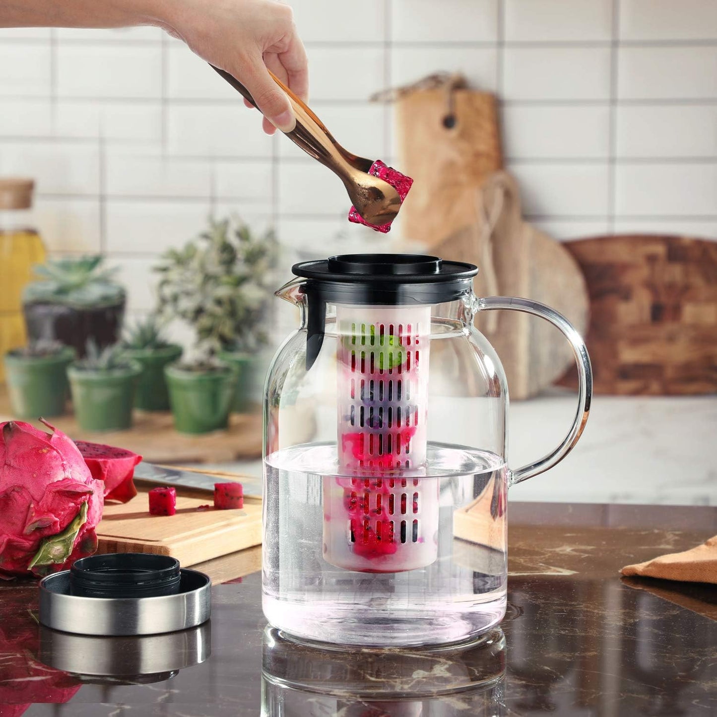Glass Water Pitcher, Fruit Infuser Pitcher with Removable Lid, High Heat Resistance Infusion Carafe for Hot/Cold Water, Flavor-Infused Beverage & Iced Tea - 2 Qt