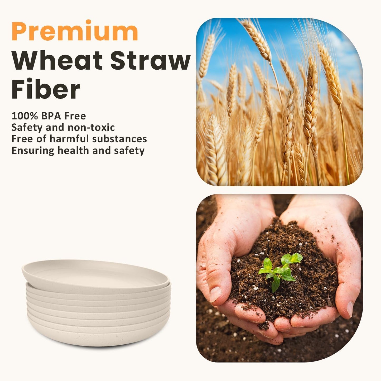 Set of 8 Unbreakable 9-Inch Wheat Straw Dinner Plates, Dishwasher and Microwave Safe, Modern Beige Design