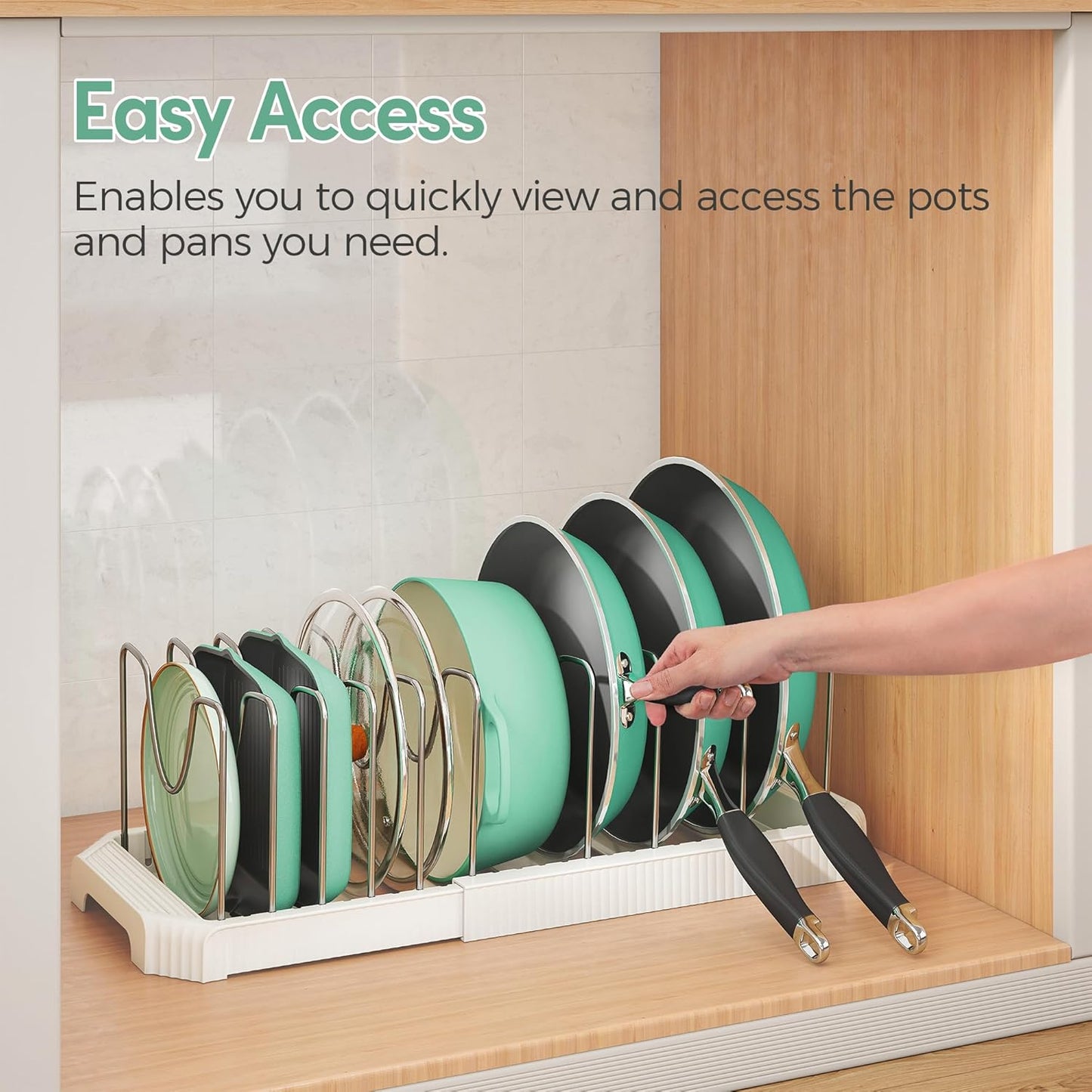 Pots and Pans Organizer for under Cabinet, Pan Pot Organizers inside Cabinet, Expandable Organizer with 10 Adjustable Dividers for Cookie Sheets, Cutting Boards, Pot Lids, Cookware - Frying Pan Rack