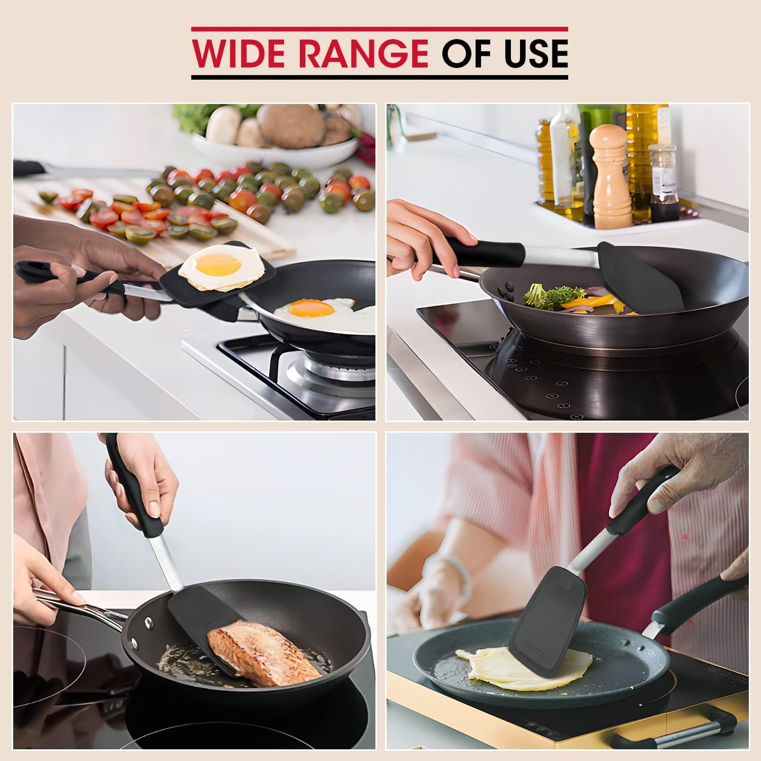 2 Pack Flexible Silicone Spatula, Turner, 600F Heat Resistant, Ideal for Flipping Eggs, Burgers, Crepes and More, Black
