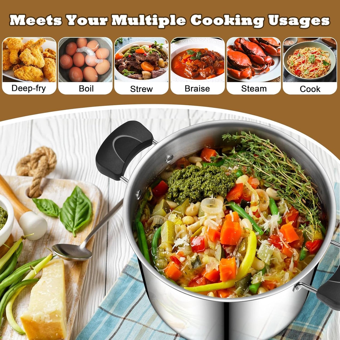 Stainless Steel 3-Ply Sock Pot with Lid, Stockpot for Cooking Pasta & Stewing Soup, Fits Multi Stoves, Heat-Proof Handle & Clear Lid, Heavy Duty & Dishwasher Safe, 12 Quarts