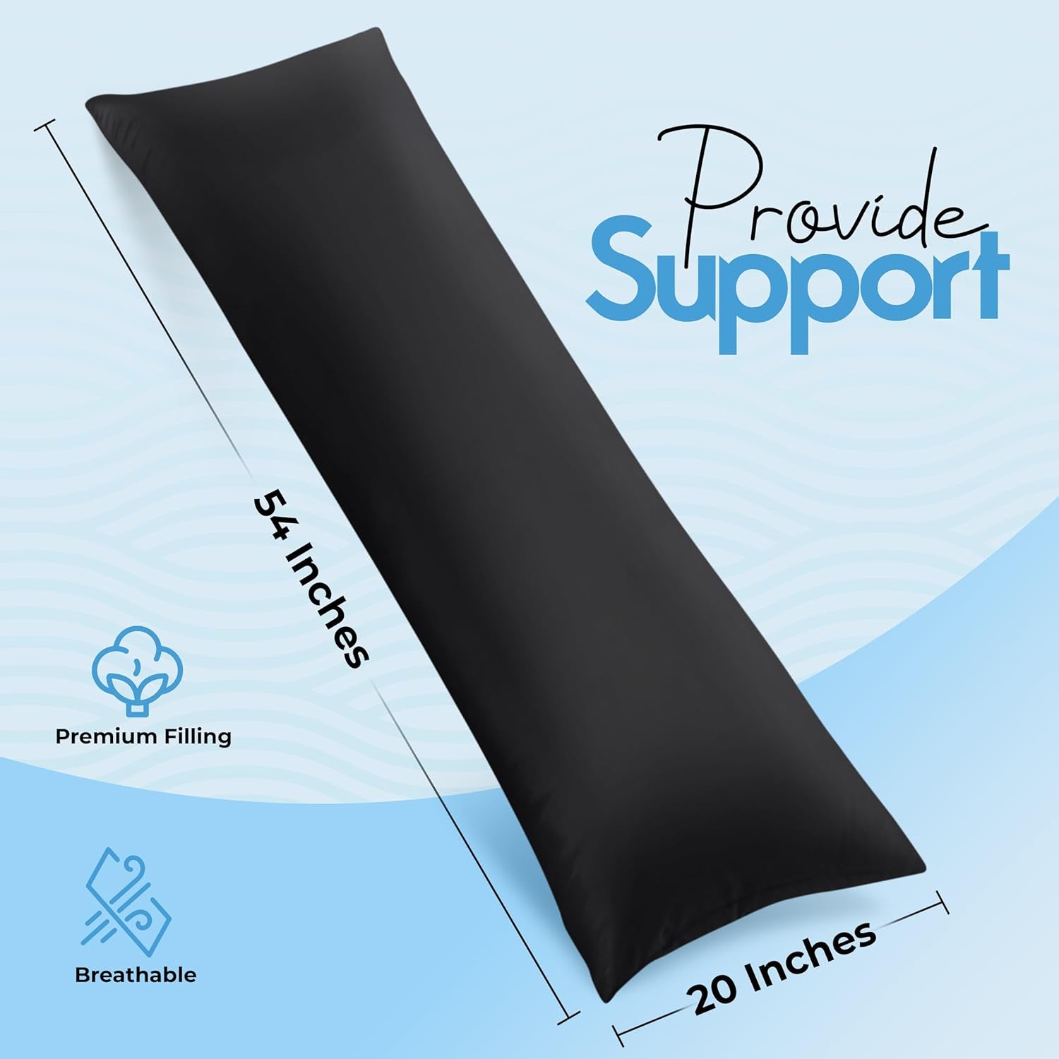 Full Body Pillow for Adults (Black, 20 X 54 Inch), Long Pillow Insert for Sleeping, Ideal for Side Sleepers