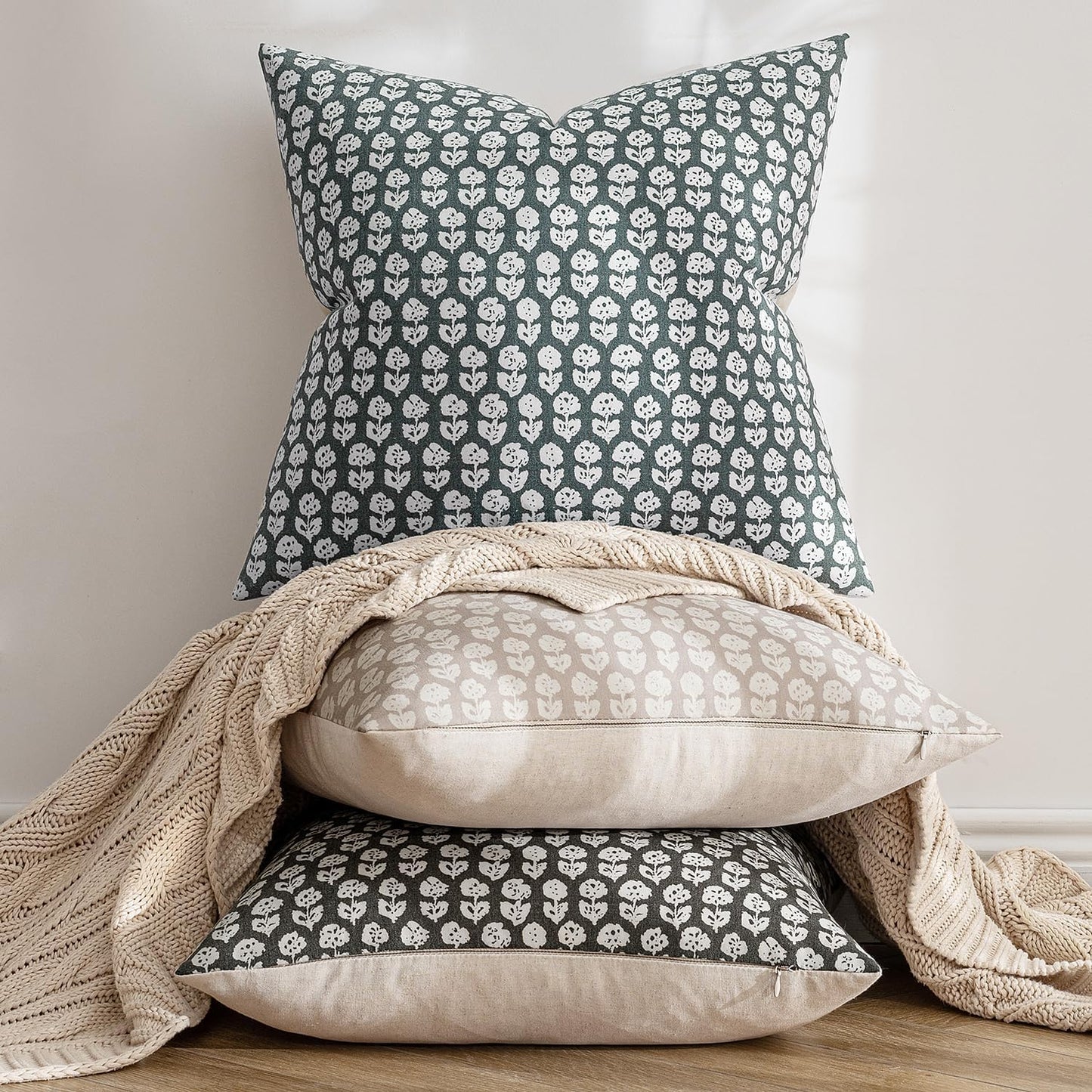 Set of 2 Vintage Floral Block Print Pillow Covers, 20x20 Inch Neutral Linen Cushion Cases for Couch, Sofa, and Chair in Dusty Blue