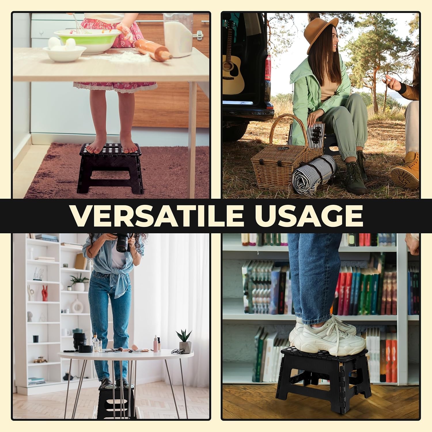 Folding Step Stool - (Pack of 1) Foot Stool with 9 Inch Height - Holds up to 300 Lbs - Lightweight Plastic Foldable Step Stool for Kitchen, Bathroom & Living Room (Black)