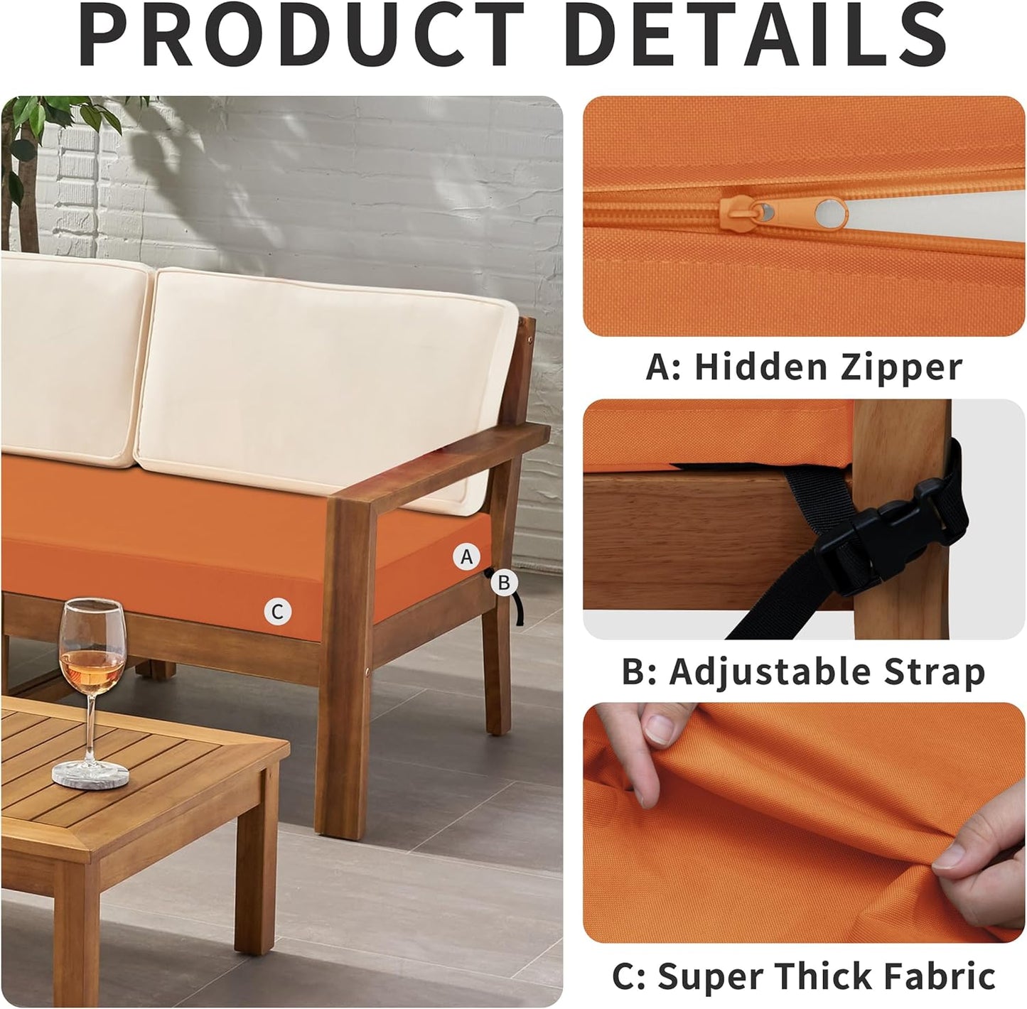 42X18X3 Inch Waterproof Outdoor Couch Bench Cushion Covers Only Replacement Non-Slip Patio Seat Cushion Slipcover with Zipper and Adjustable Straps Orange