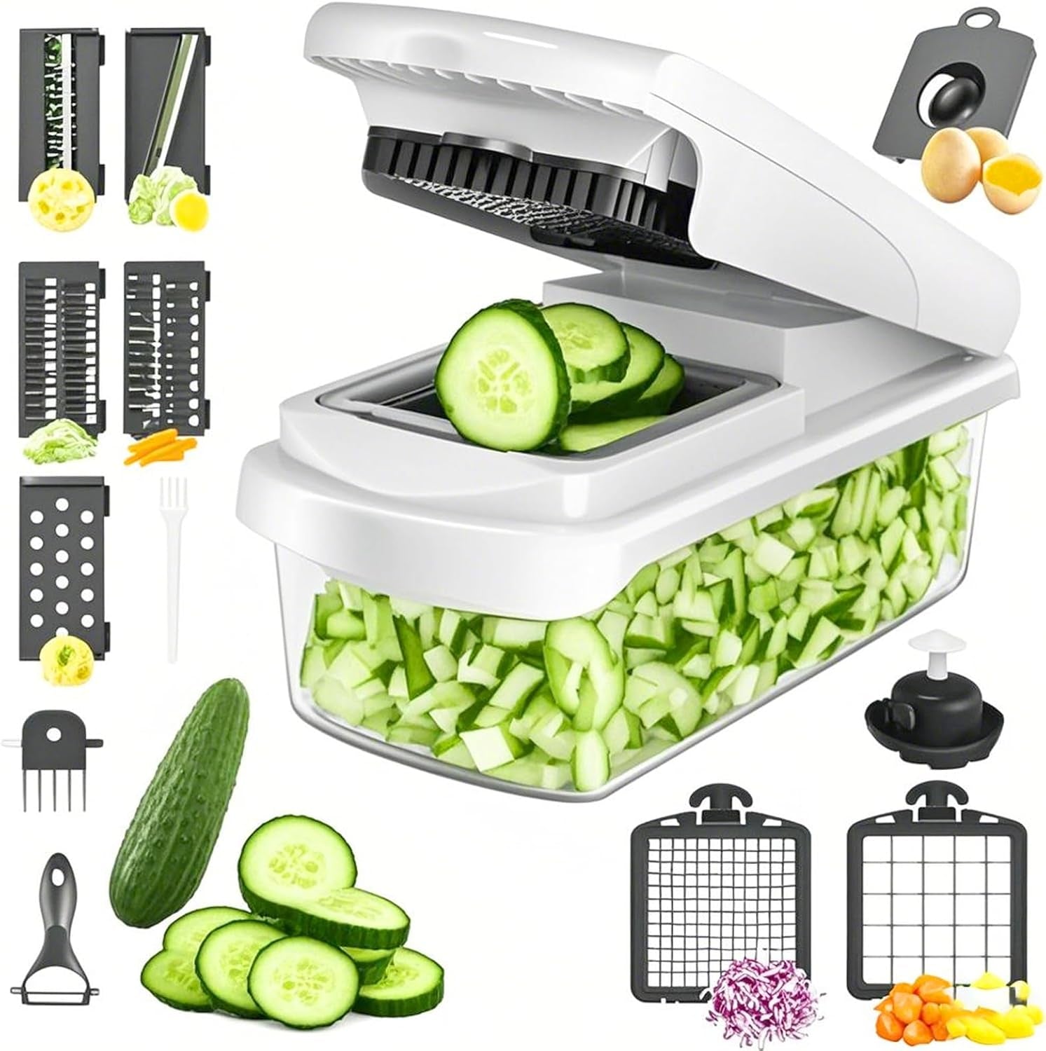 Vegetable Chopper for Mandoline Slicer, 15-In-1 Veggie Choppers, Cheese Grater, Onion Cutter with Container, Kitchen Gadgets Essentials, Vegetable Dicer, Onion Mincer Tomato Slicer (White)