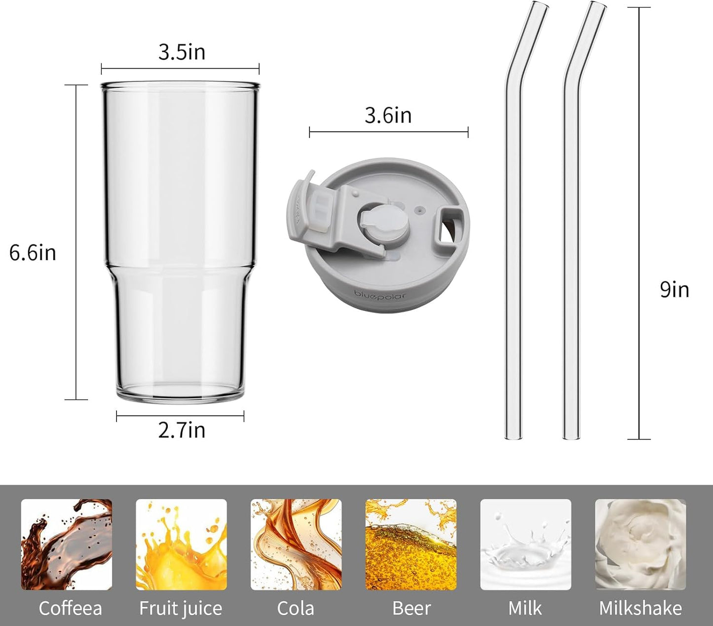 23 Oz Glass Cups with Lids and Straws - Leak-Proof Portable Travel Water Glass Tumbler for Smoothies, Iced Coffee, Matcha, and Cold Beverages - Durable and Eco-Friendly (Grey)