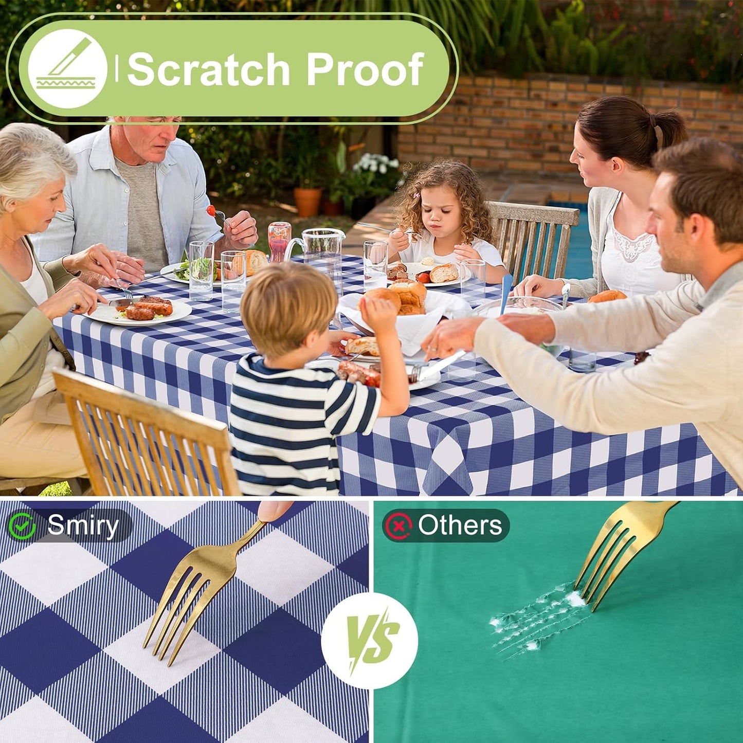 Waterproof Vinyl Rectangle Tablecloth with Flannel Backing, Wipeable Buffalo Plaid Design for Indoor and Outdoor Dining (Navy & White, 60" x 84")