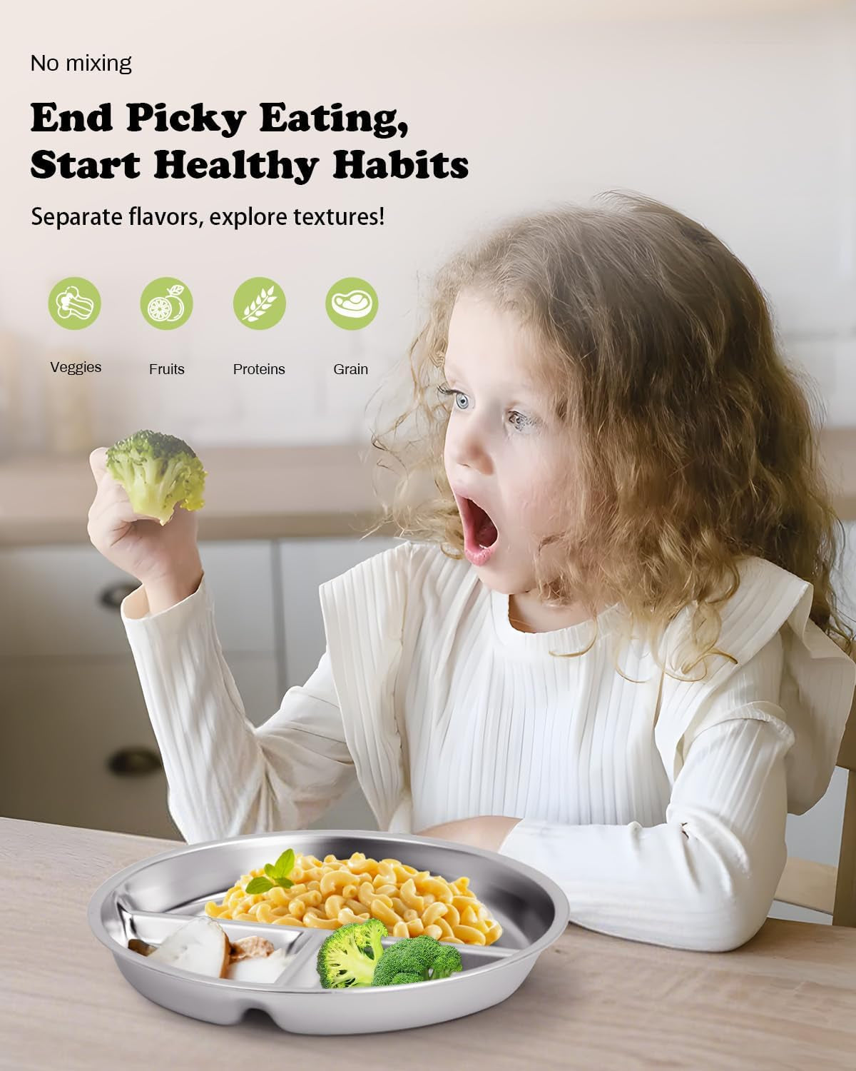 Stainless Steel Kids Plates 2 Packs, Deepened 9" Portion Control Plate Divided Plate for Toddlers Bigger Appetite, Non Toxic Unbreakable Metal Lunch Dishes