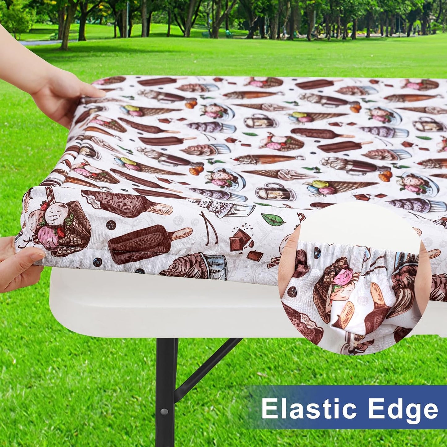 Rectangle Printed Fabric Tablecloth, Elastic Fitted Table Cloth for 6 Foot Table, Washable Polyester Table Cover for Outdoor, Picnic, Camping and Indoor, (Ice Cream, 30" X 72")