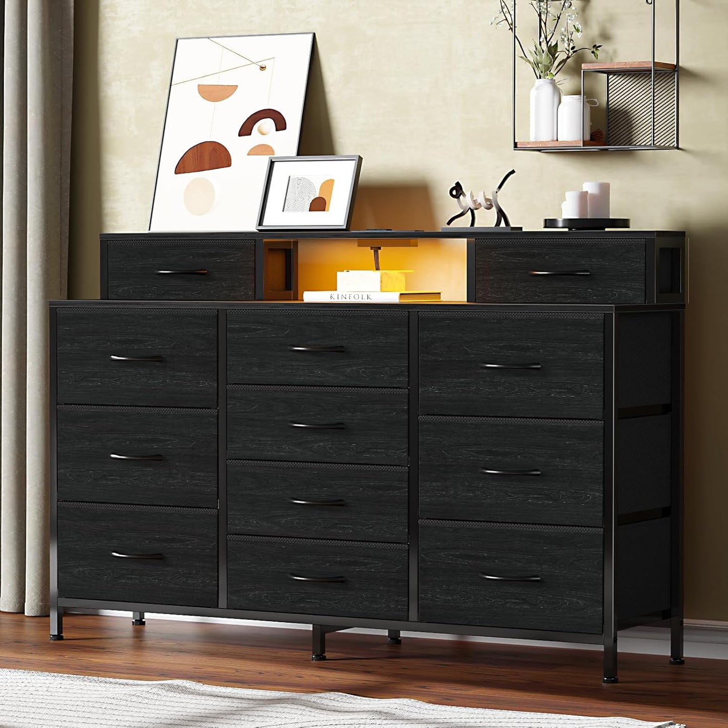 55-Inch Black Dresser with LED Lighting and Power Outlets, Featuring 12 Storage Drawers and 2 Shelves, Ideal for Bedroom, Living Room, or Entryway, Wooden Top with Metal Frame