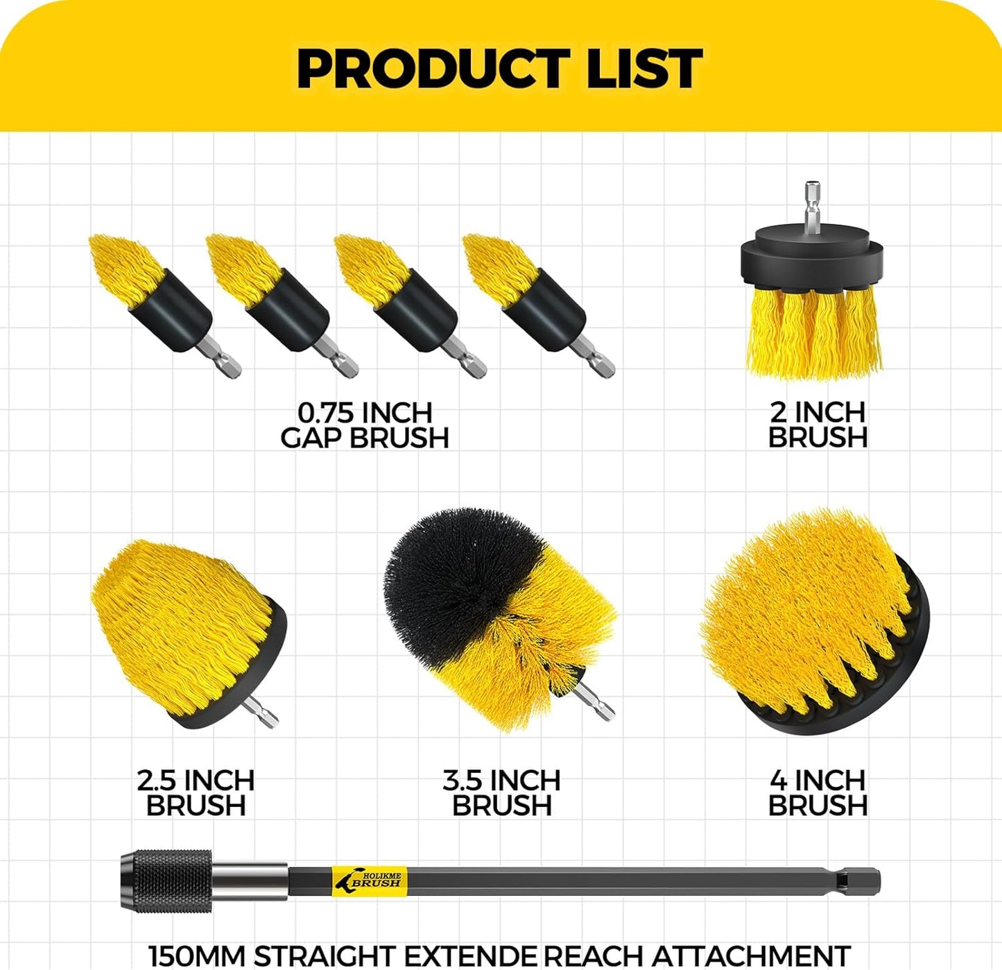 9Pack Drill Brush ,All Purpose Drill Brush with Extend Attachment for Bathroom Surfaces, Grout, Floor, Tub, Shower, Tile, Kitchen and Car,Corner,Masonry Brushes,Yellow