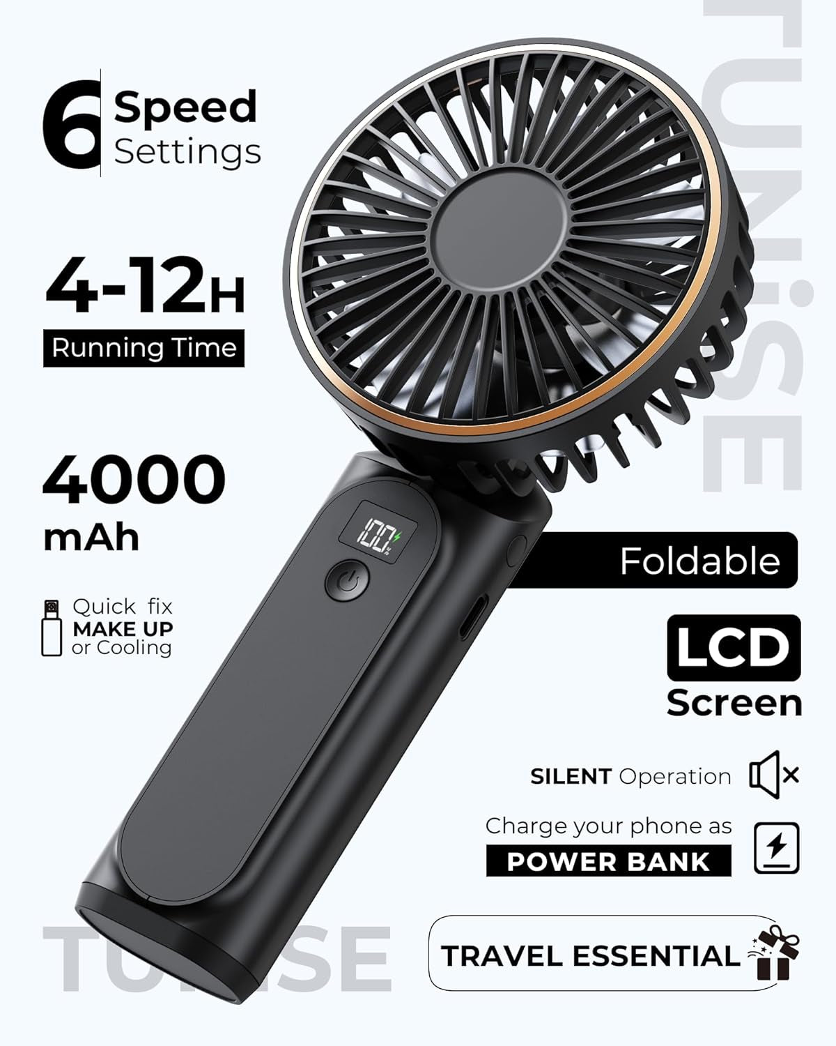 Portable Handheld Fan, 4000Mah, 180 Adjustable, 6 Speed Wind, Display Electricity in Real Time, USB Rechargeable Foldable Personal Fan
