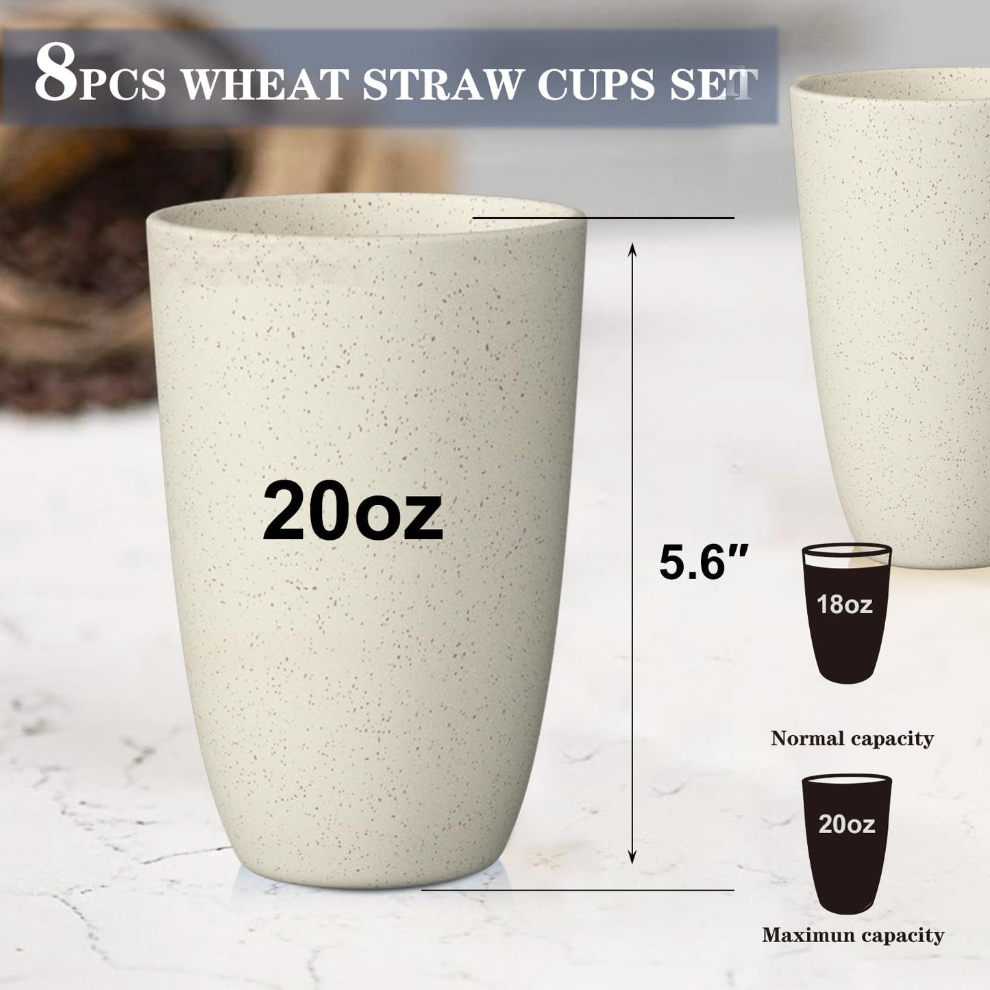 Unbreakable Wheat Straw Drinking Cups - Set of 8, Stackable, Reusable, Dishwasher Safe, 20 OZ, Beige Color