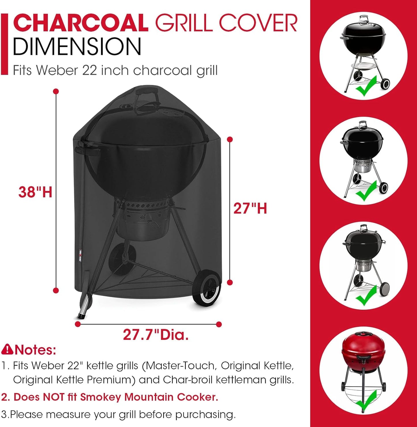 round Kettle Grill Cover Compatible with Weber 22 Inch Charcoal Grill, Heavy Duty Waterproof Fade Resistant Small Smoker Cover, All Weather Protection