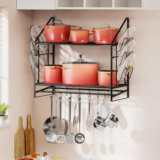 Pot Rack Wall Mounted - Double Layer Hanging Pot and Pan Rack for Kitchen with 12 Hooks as Pot and Pan Organizer, Includes 6 Lid Holders for Pot Hanger Storage, Length 33.46", Spacing 13.39"