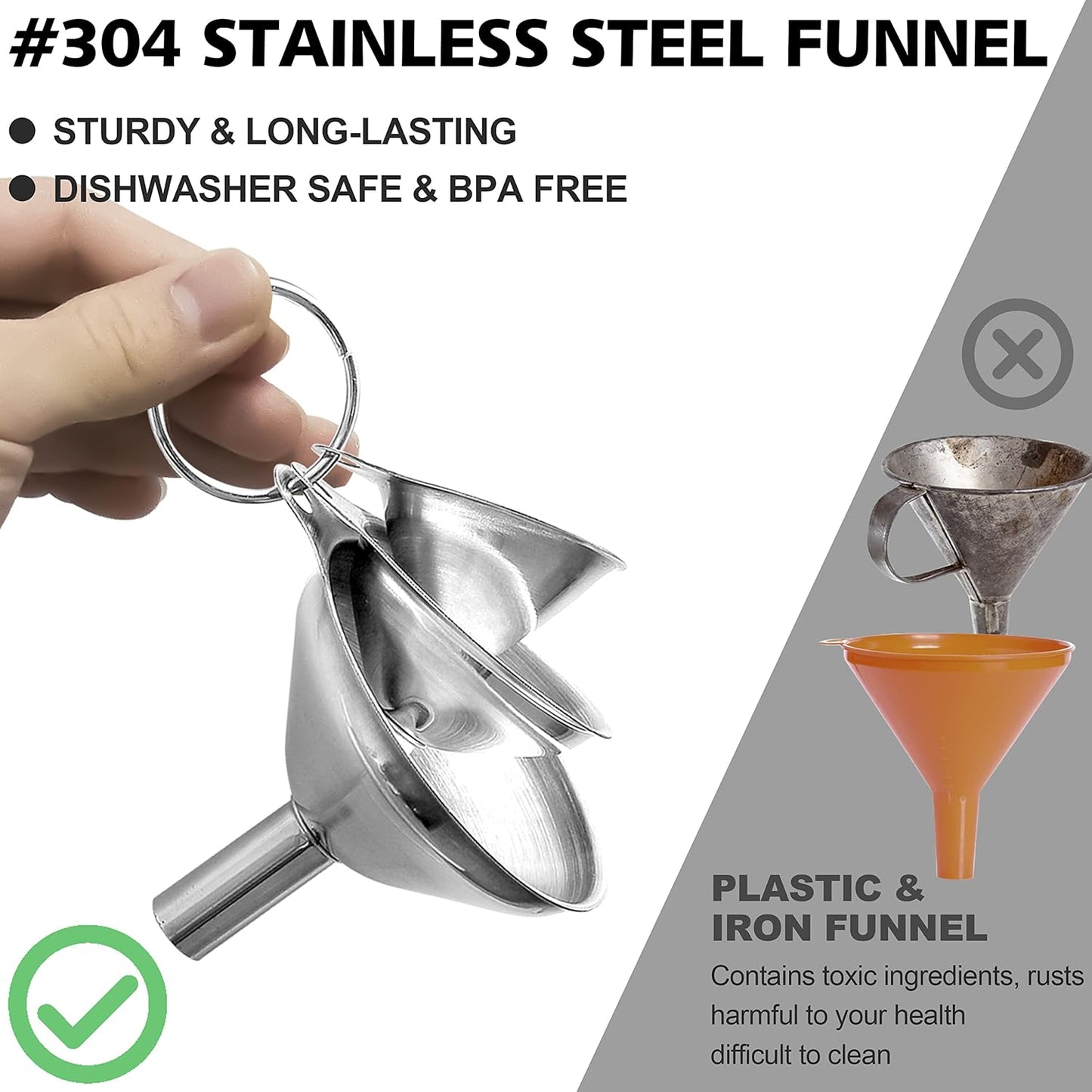 Stainless Steel Mini Kitchen Funnel Set, 3 Pack Durable Metal Filling Funnels for Transferring Liquid, Dry Ingredients, Cosmetic Lotion, Fluid, Spices, Powder - Food-Grade & High Heat Resistant
