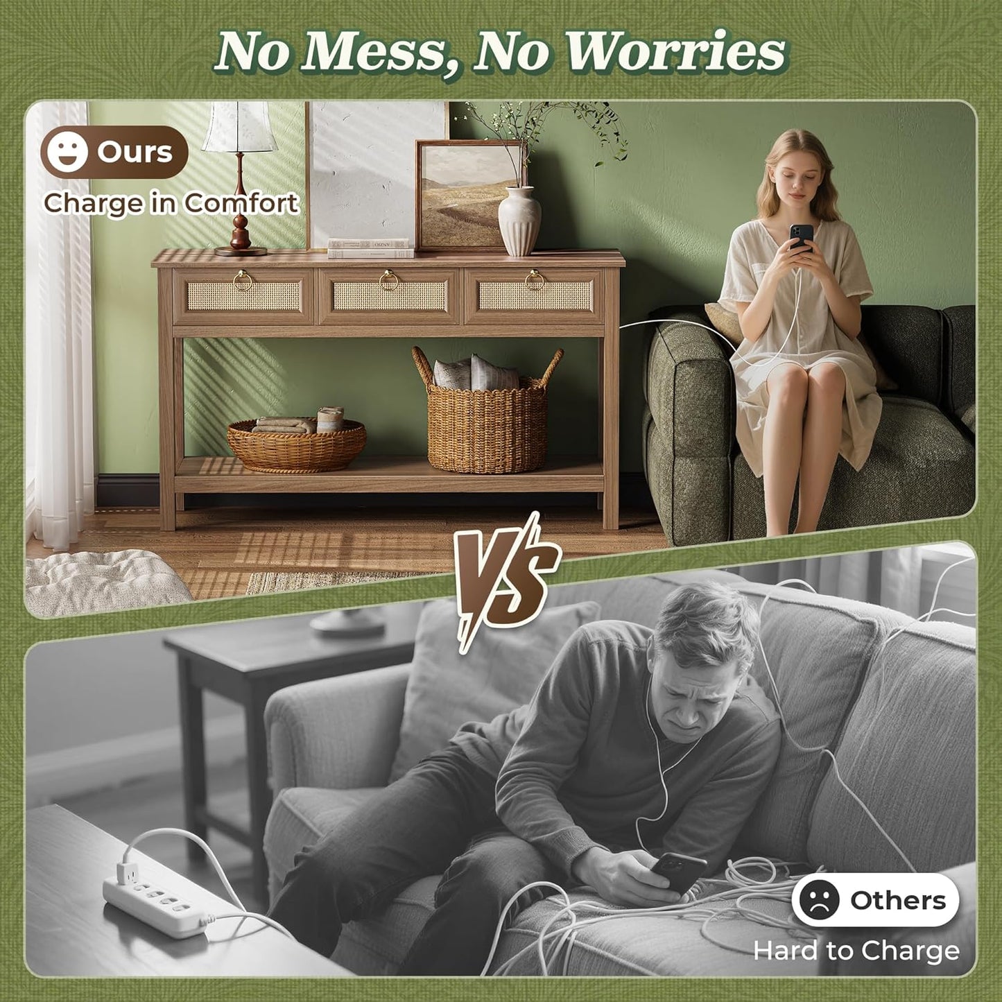 Rattan Console Sofa Table with Integrated Outlets and USB-C Port, 3-Drawer Entryway Table with Synthetic Rattan Surface and Open Shelf for Foyer and Hallway Storage, Brown