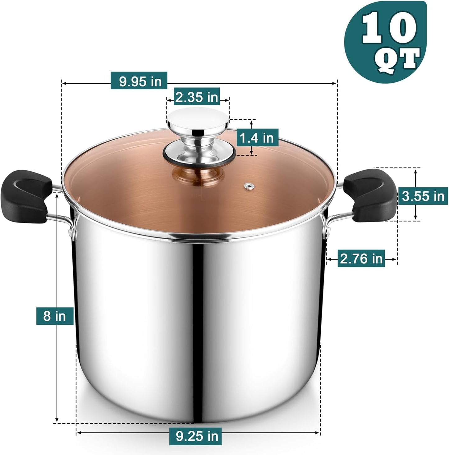 Stainless Steel 3-Ply Sock Pot with Lid, Stockpot for Cooking Pasta & Stewing Soup, Fits Multi Stoves, Heat-Proof Handle & Clear Lid, Heavy Duty & Dishwasher Safe, 10 Quarts