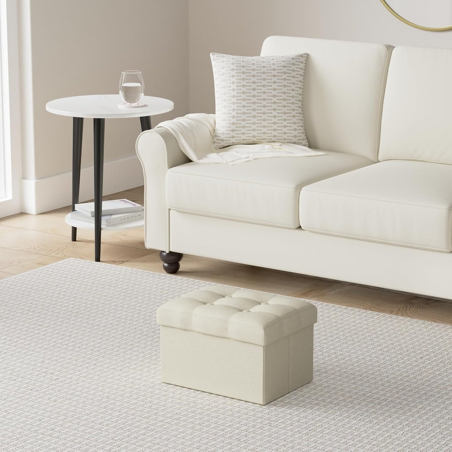Small Folding Ottoman with Storage - Beige Linen Footrest Stool for Under Desk, 16"x12"x12