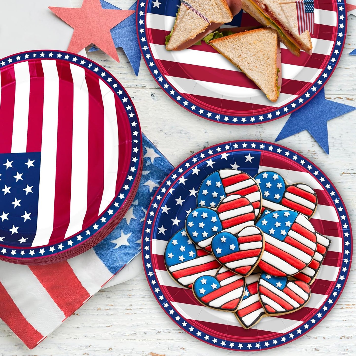 50 PCS 4Th of July Decorations, 9 Inches Pactriotic Paper Plates, round Party Dinnerware Set, Strips and Stars Disposable Plates for Memorial Independence Day Picnics Holidays