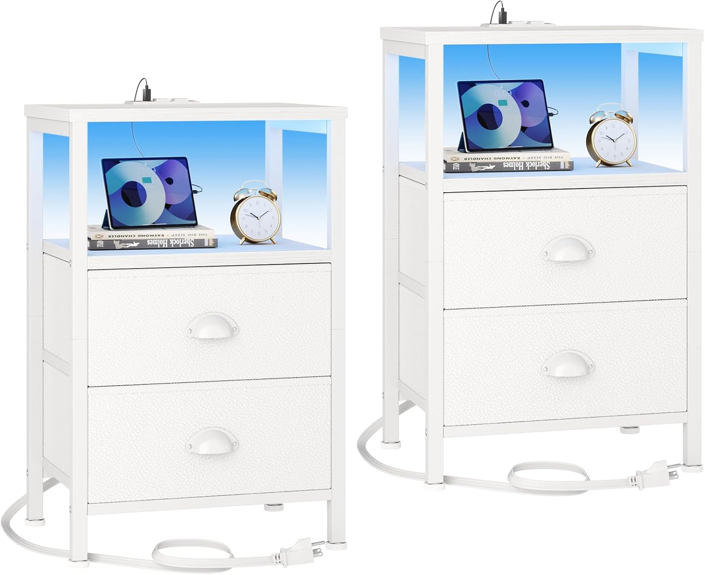 Nightstands Set of 2, End Tables Set of 2 with Charging Station and LED Lights, White Night Stands with 2 Fabric Drawers, Bedside Tables for Living Room/Bedroom