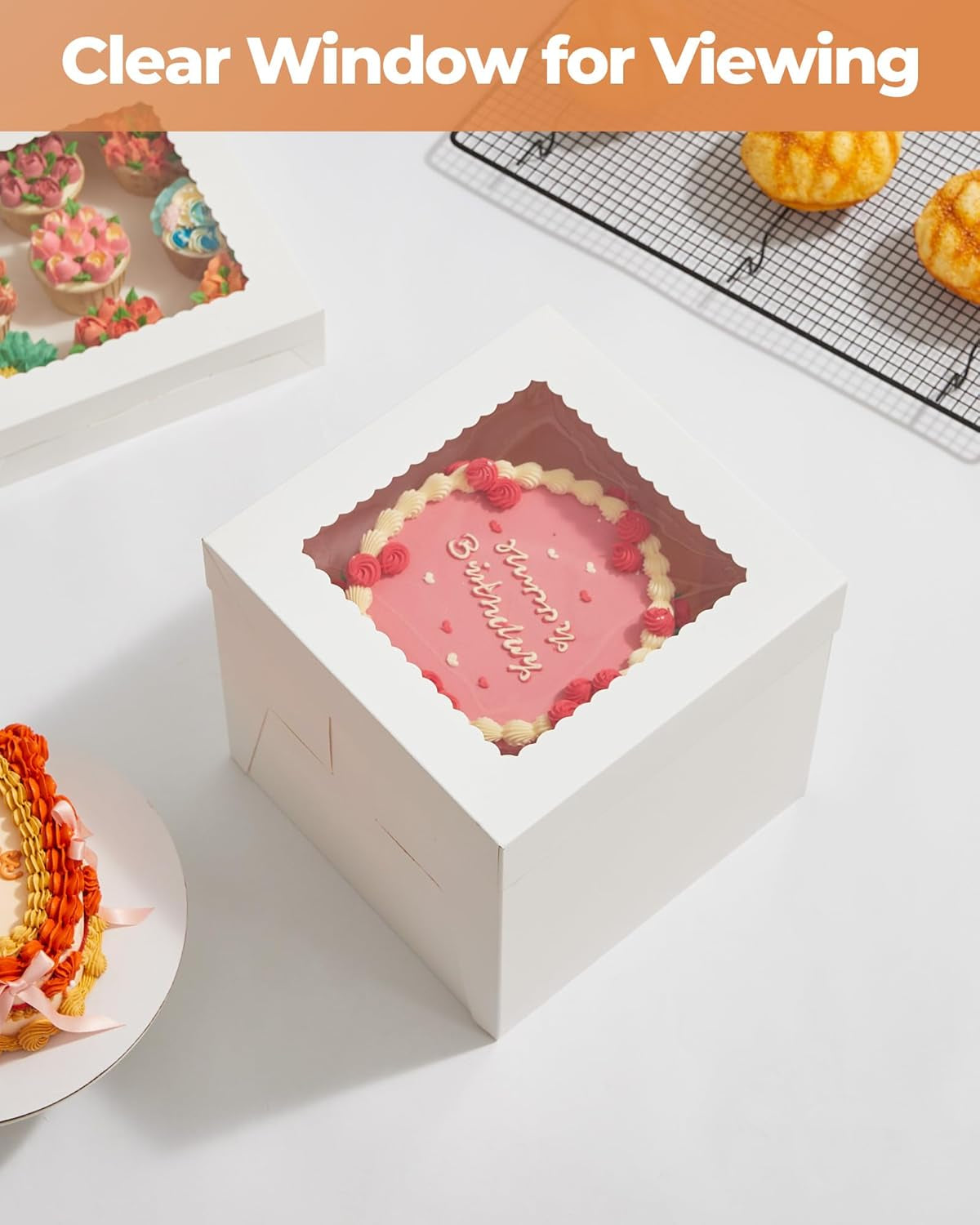 Cake Box with Board Drum, 10X10X10 Inches Tall Bakery Box with Window, Disposable Cake Container with Lid for Multi-Layer Cake, Cake Decorating, Wedding, Birthday, Party