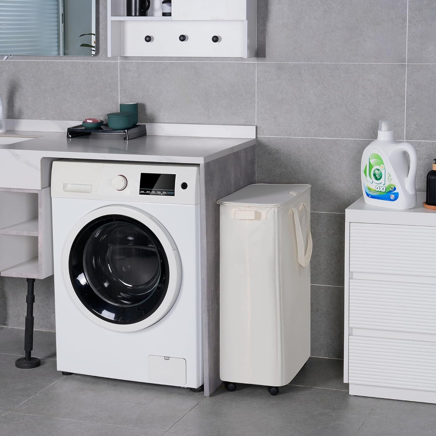 Slim Laundry Hamper with Lid and Wheels, Small Rolling Laundry Basket with Handle for Small Spaces, Tall Dirty Clothes Hampers for Dorm, Bathroom and Bedroom, 75L, Beige